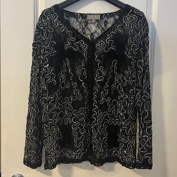 Laura Tops - Pre loved Laura Elegant Black and Gold Lace Blouse
